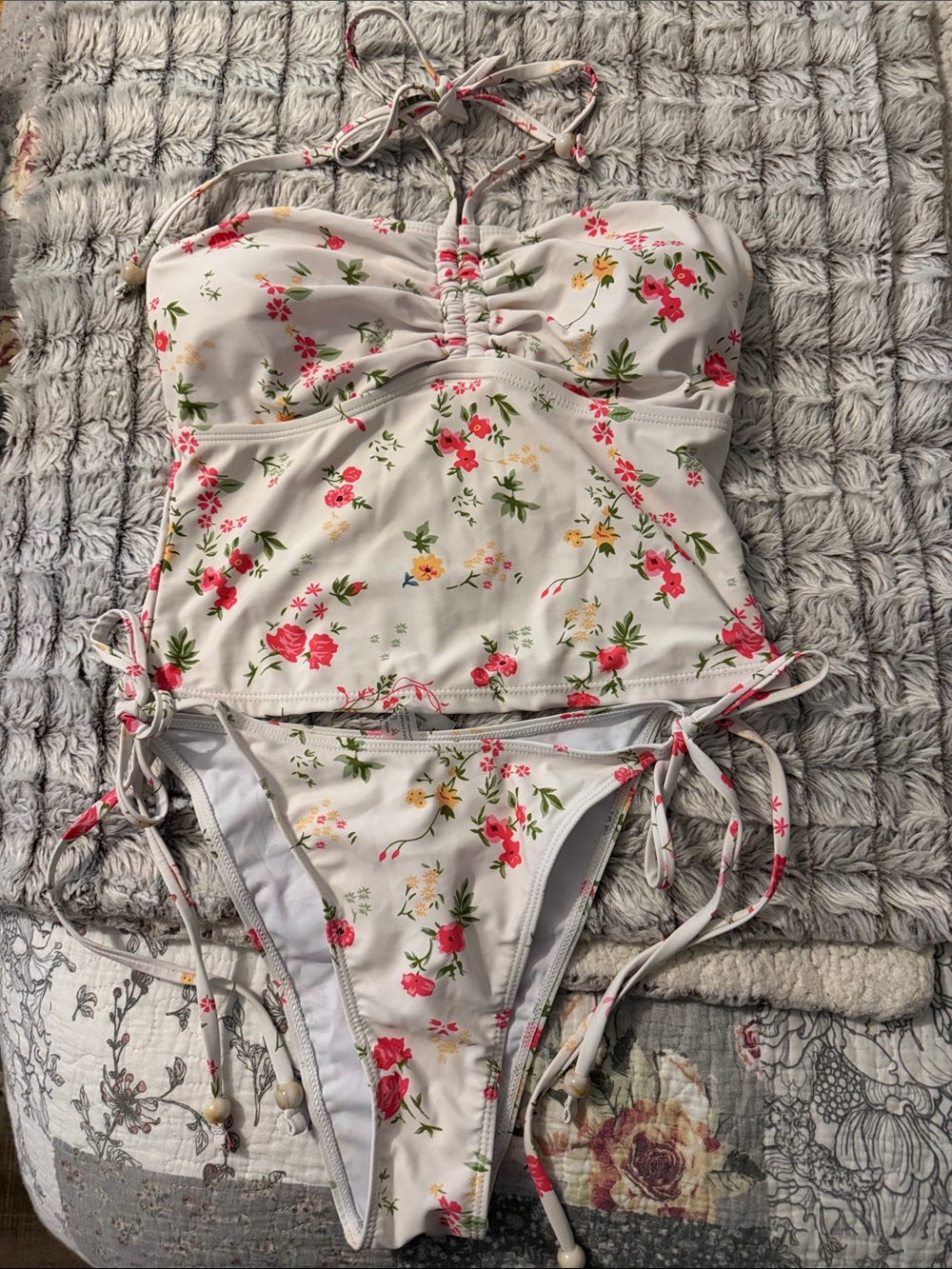 White Floral Ruched Tankini Swimsuit